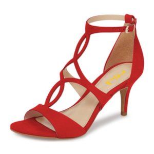 FSJ Red Cut out T Strap Stiletto Heels Sandals